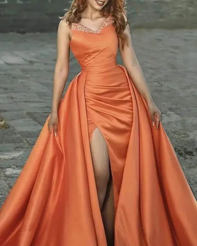 A-Line Mermaid Beaded Ballgown V-neck Orange Satin Prom Dresses With Slit