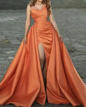 A-Line Mermaid Beaded Ballgown V-neck Orange Satin Prom Dresses With Slit