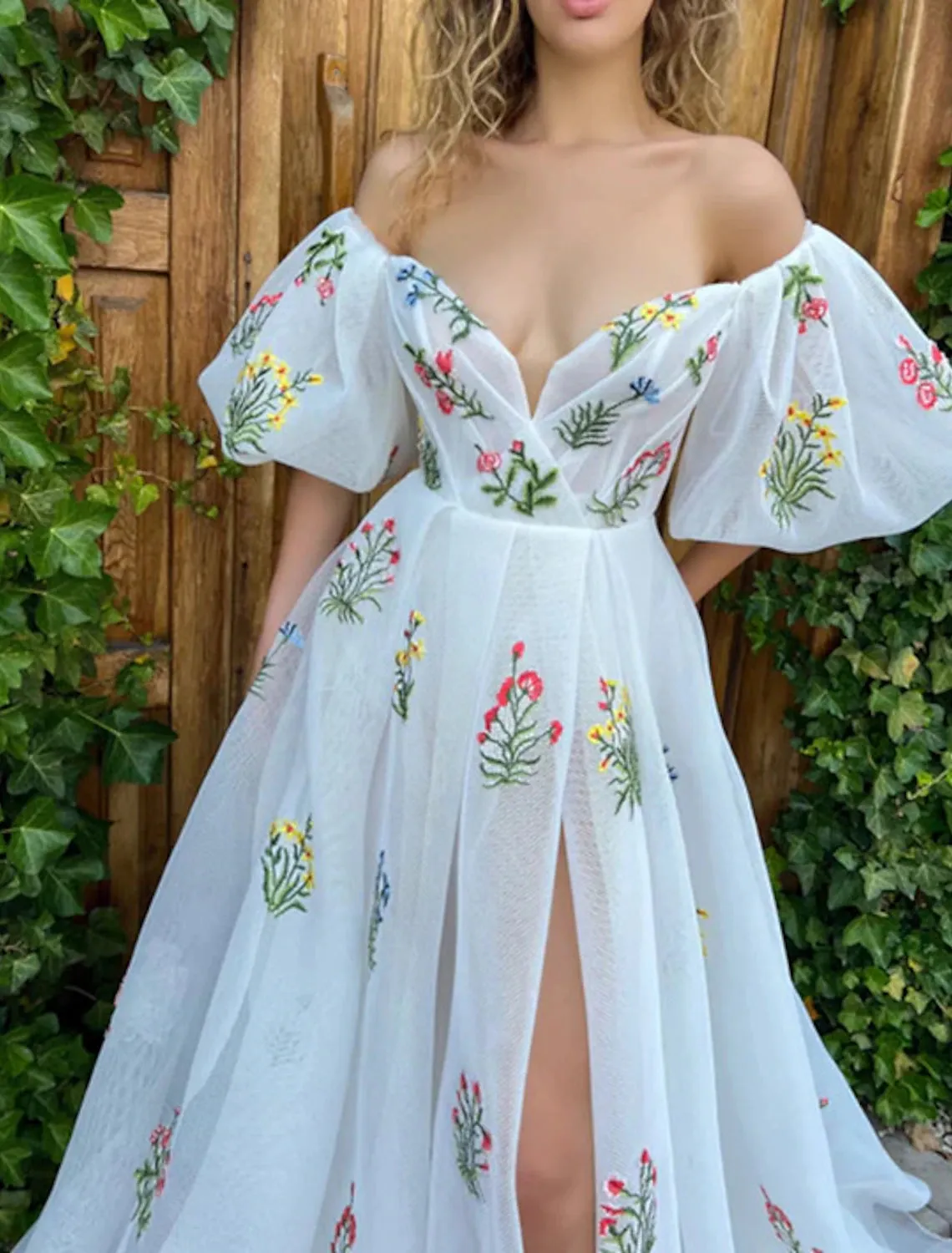 A-Line Prom Dresses Floral Dress Wedding Party Birthday Sweep / Brush Train Short Sleeve Off Shoulder Organza Backless with Slit