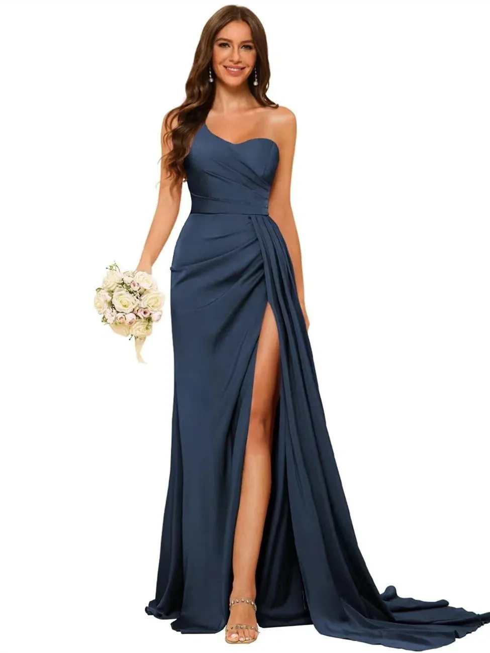 A Line Satin One-shoulder Sleeveless Floor-Length Bridesmaid Dresses With Slit