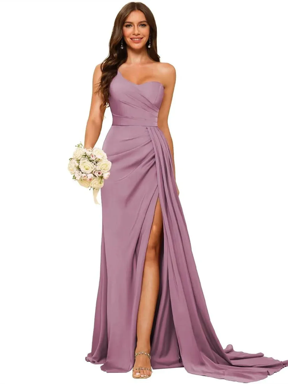 A Line Satin One-shoulder Sleeveless Floor-Length Bridesmaid Dresses With Slit