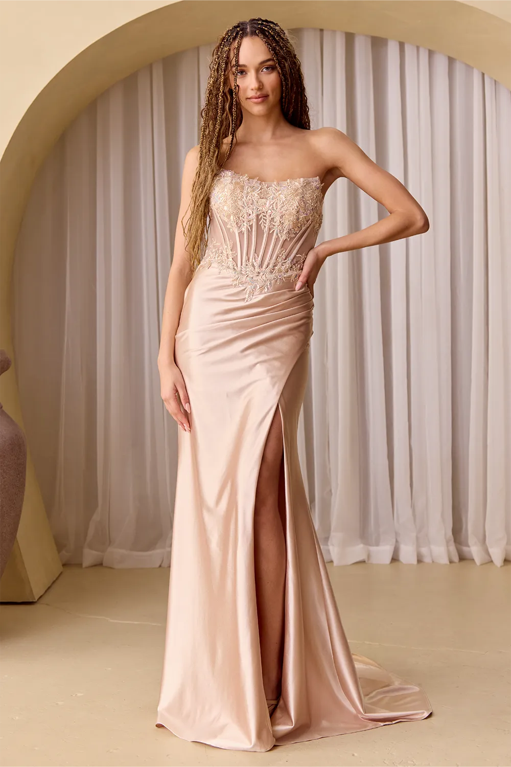 Applique Satin Strapless Slit Gown by Amelia Couture 9056