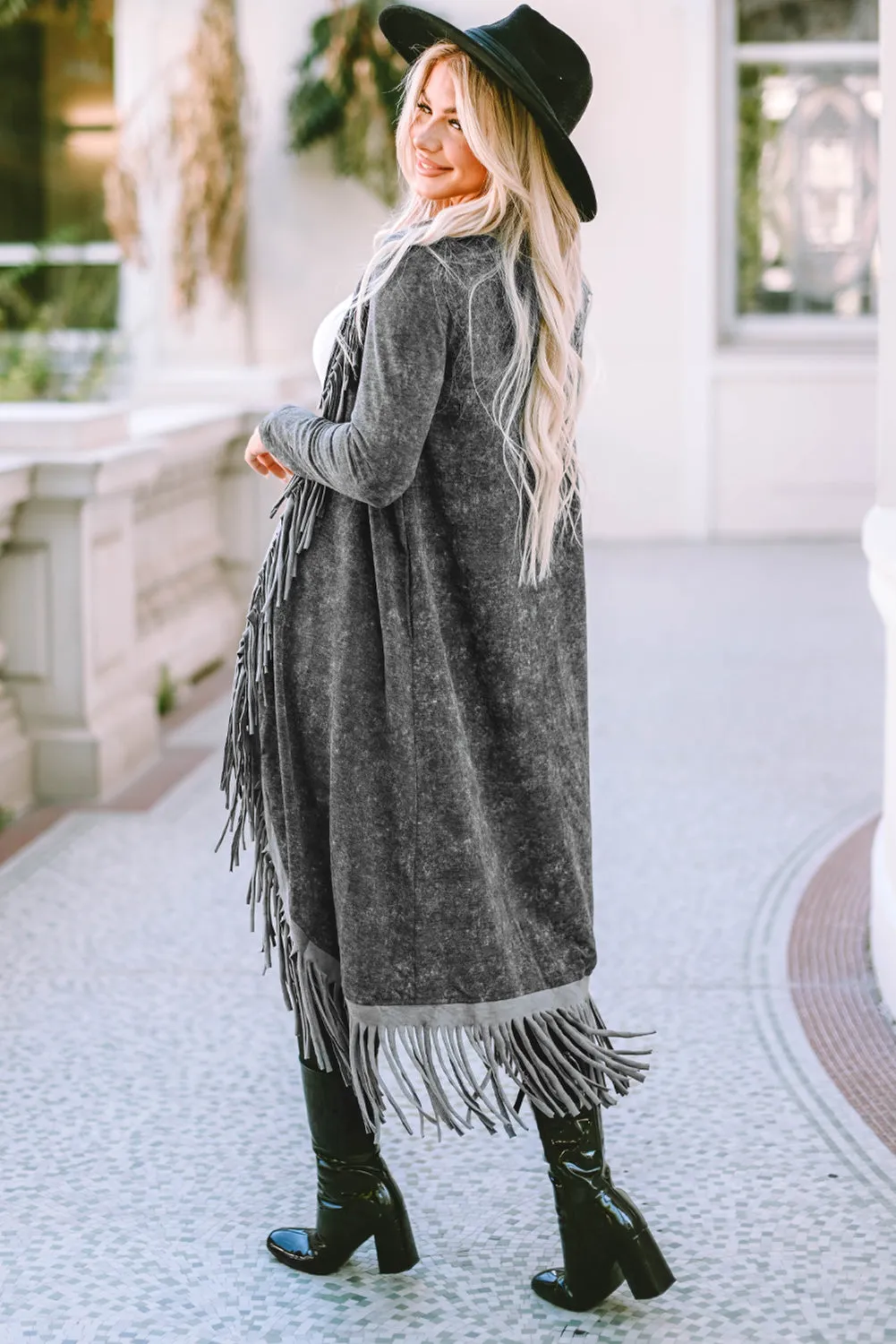 Black Fringed Hem Pocketed Open Cardigan