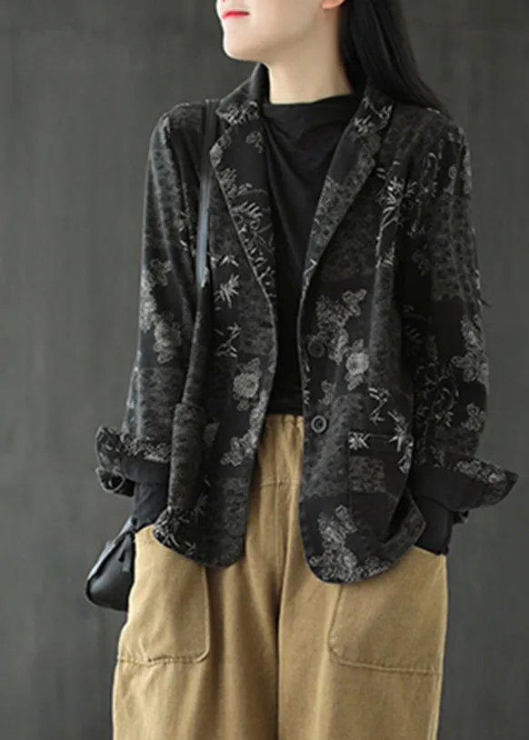 Black Notched Patchwork Button Denim Coats Fall LY9446