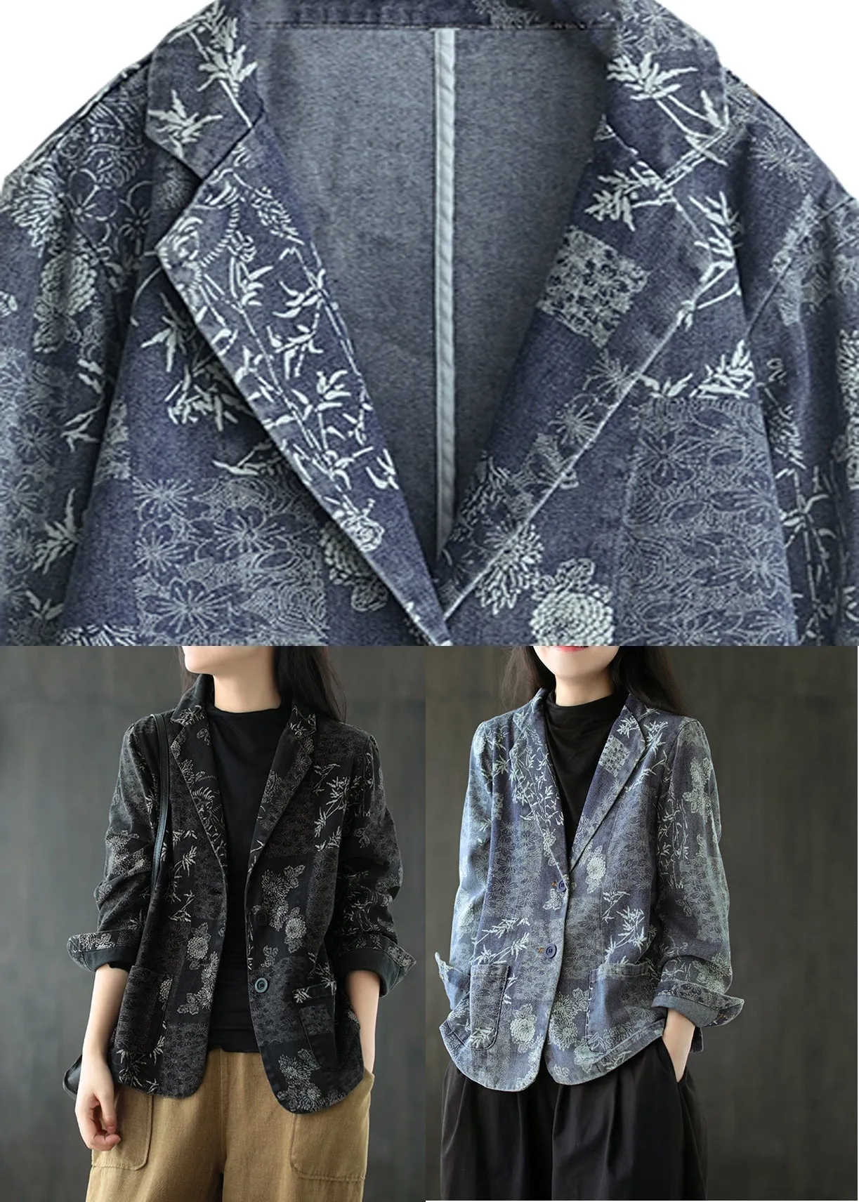 Black Notched Patchwork Button Denim Coats Fall LY9446