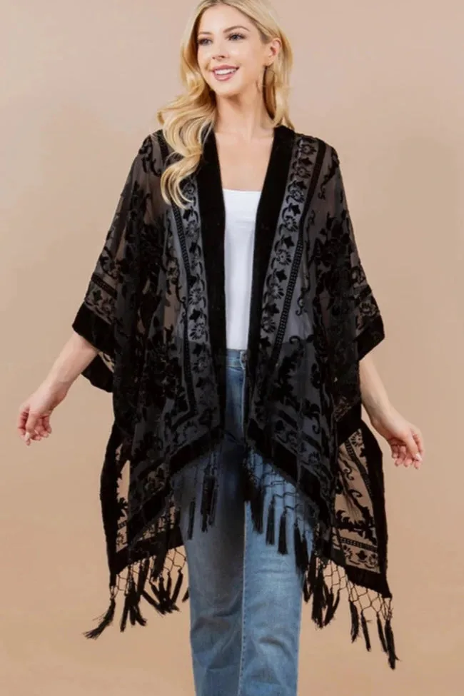 Black Rose Burnout Velvet Fringed Cover-Up