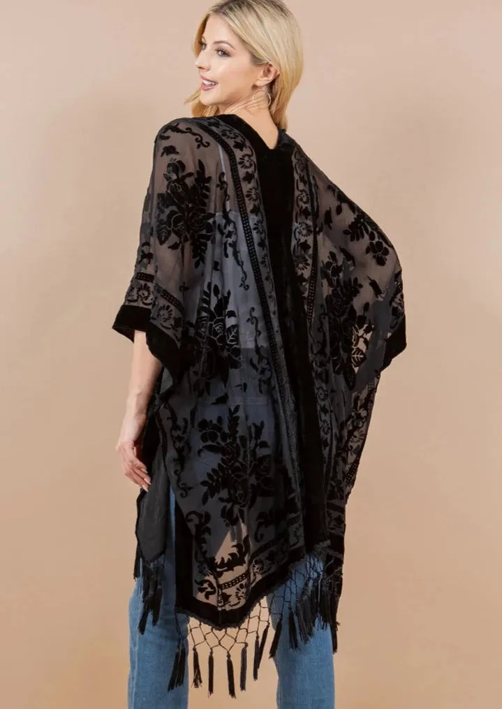 Black Rose Burnout Velvet Fringed Cover-Up