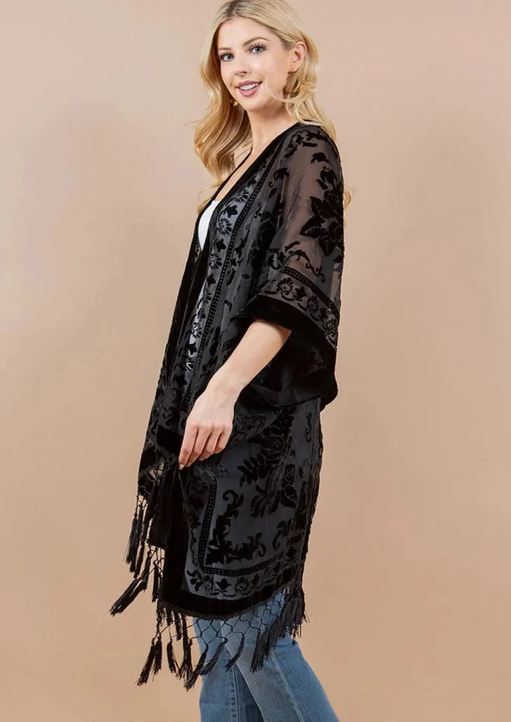 Black Rose Burnout Velvet Fringed Cover-Up