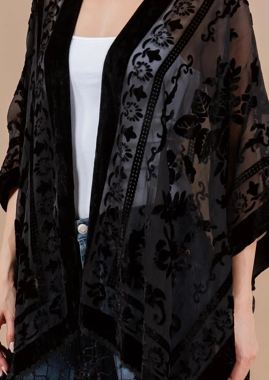 Black Rose Burnout Velvet Fringed Cover-Up