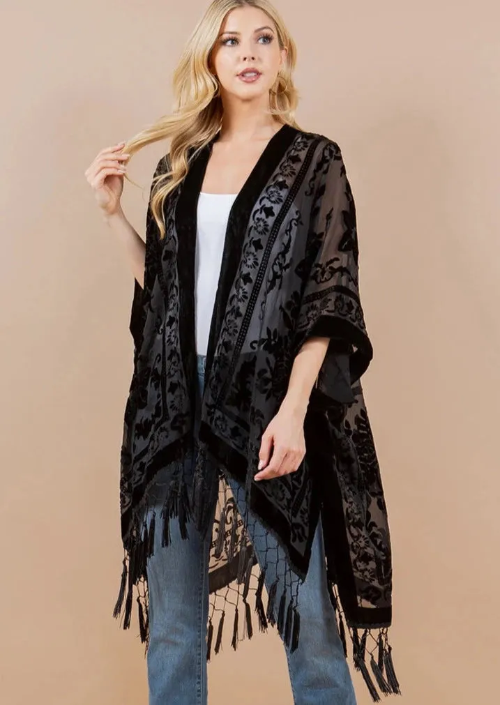 Black Rose Burnout Velvet Fringed Cover-Up