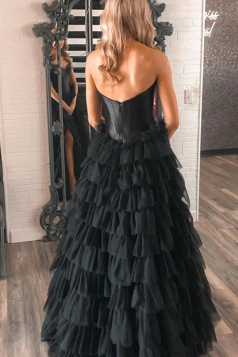 Black Sweetheart Tiered Satin Long Prom Dresses with Slit