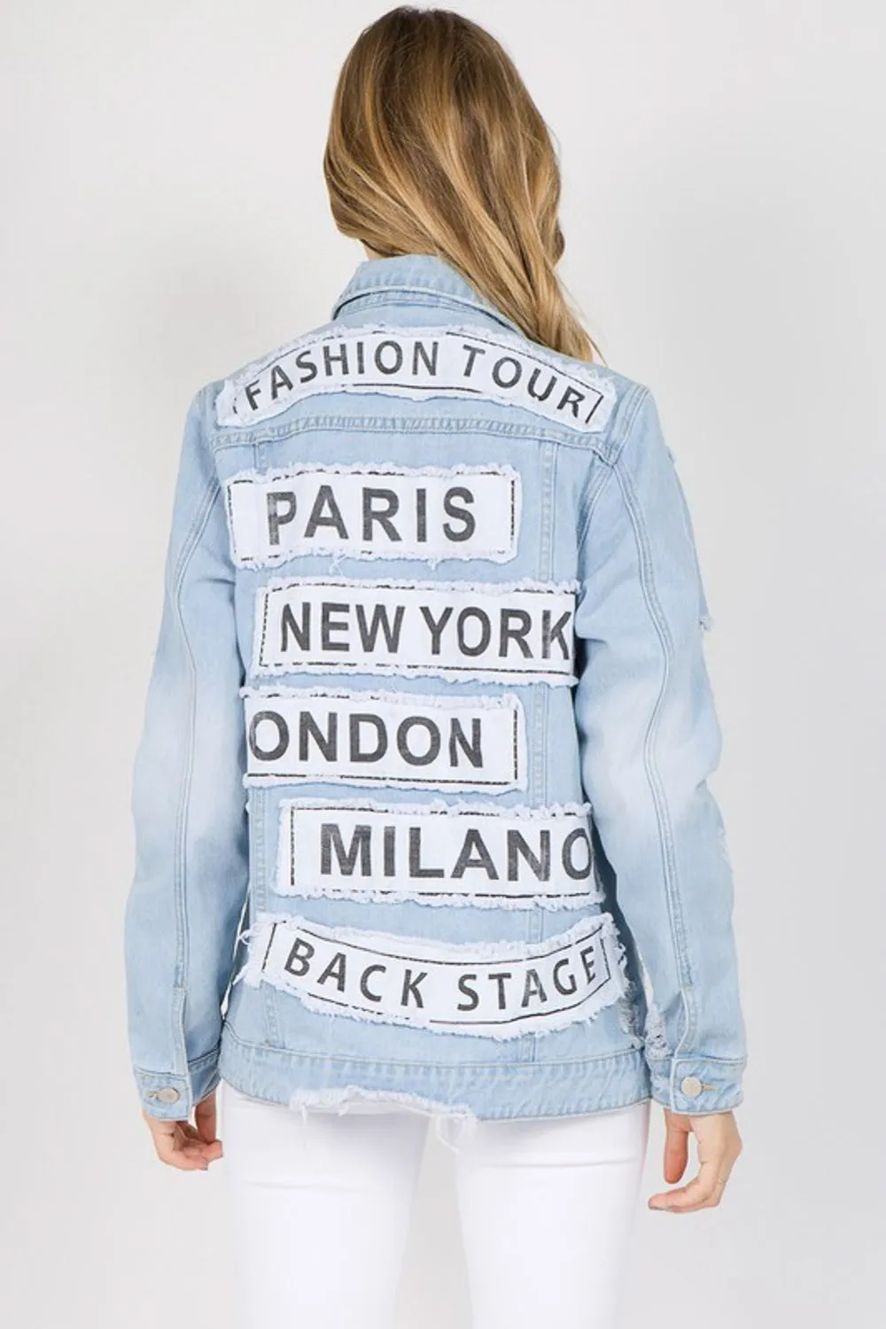 Blue Zone Planet |  American Bazi Letter Patched Distressed Denim Jacket