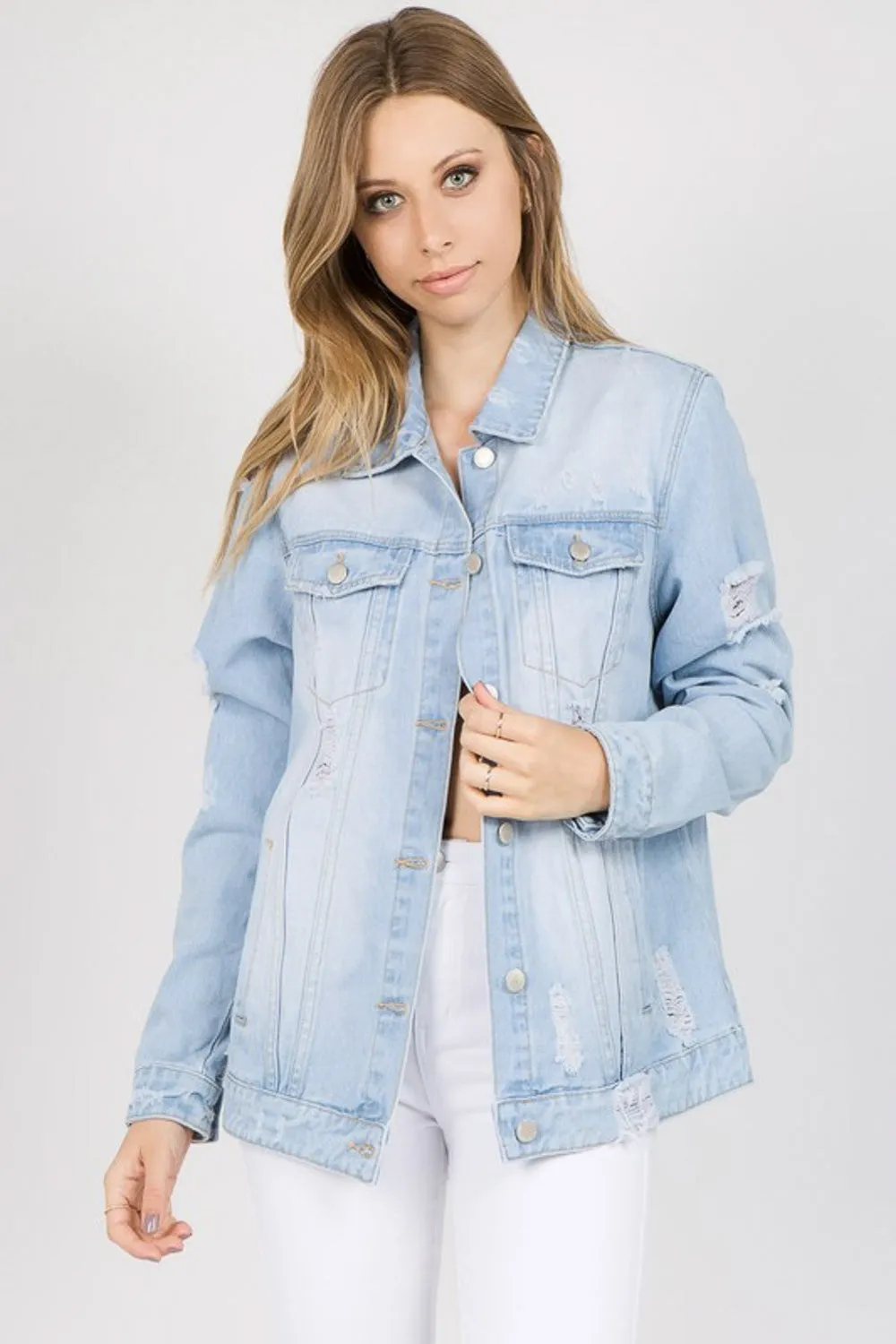 Blue Zone Planet |  American Bazi Letter Patched Distressed Denim Jacket