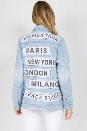 Blue Zone Planet |  American Bazi Letter Patched Distressed Denim Jacket