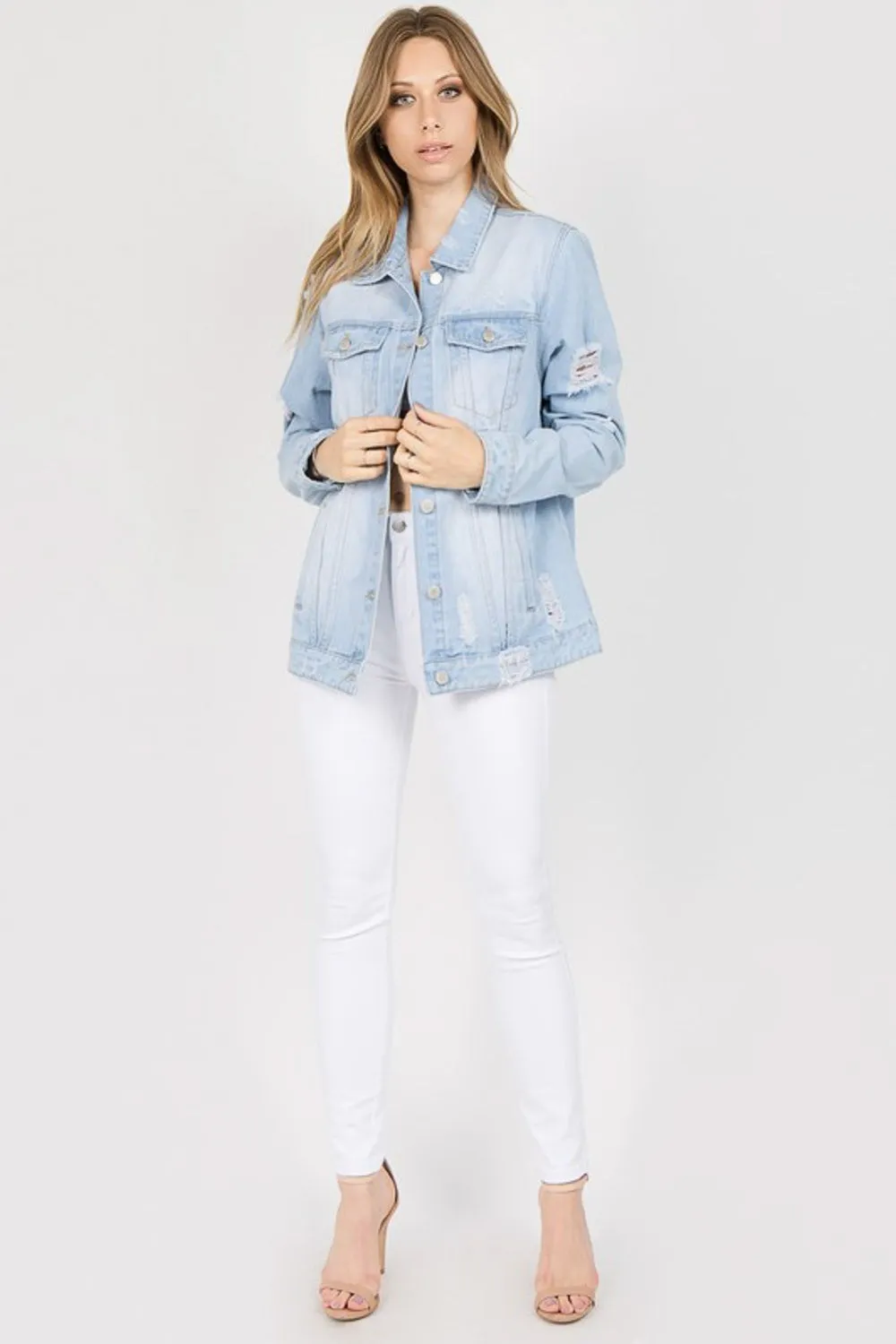 Blue Zone Planet |  American Bazi Letter Patched Distressed Denim Jacket