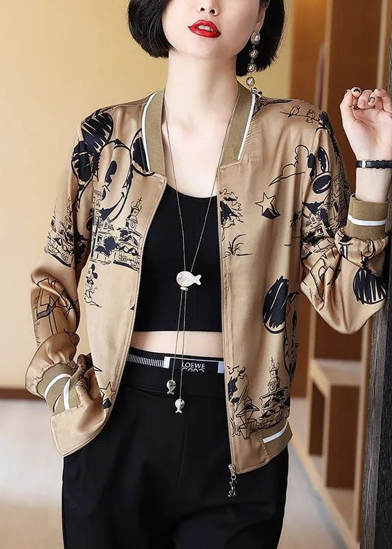 Boho Coffee Zippered Patchwork Print Silk Coats Spring LY0390