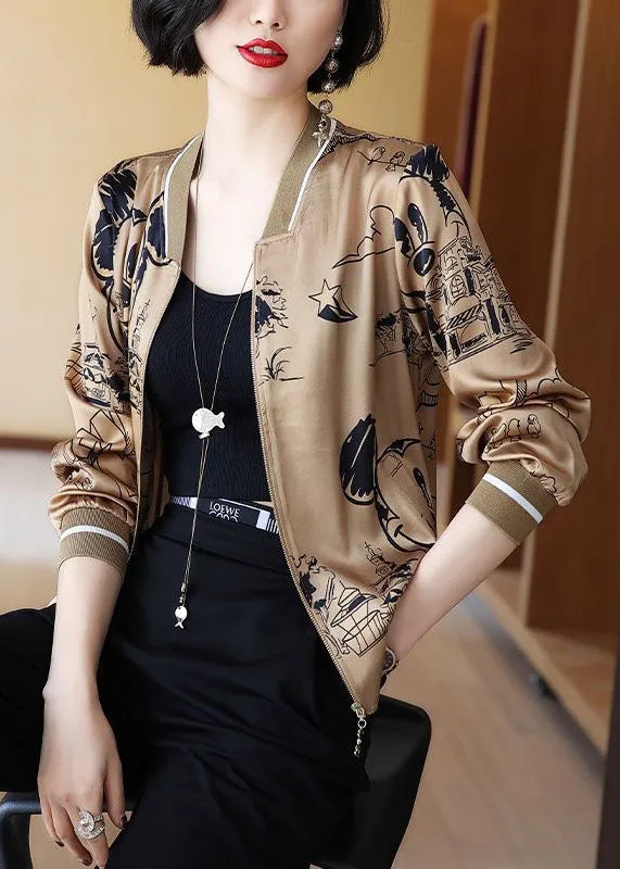 Boho Coffee Zippered Patchwork Print Silk Coats Spring LY0390