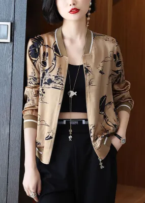 Boho Coffee Zippered Patchwork Print Silk Coats Spring LY0390