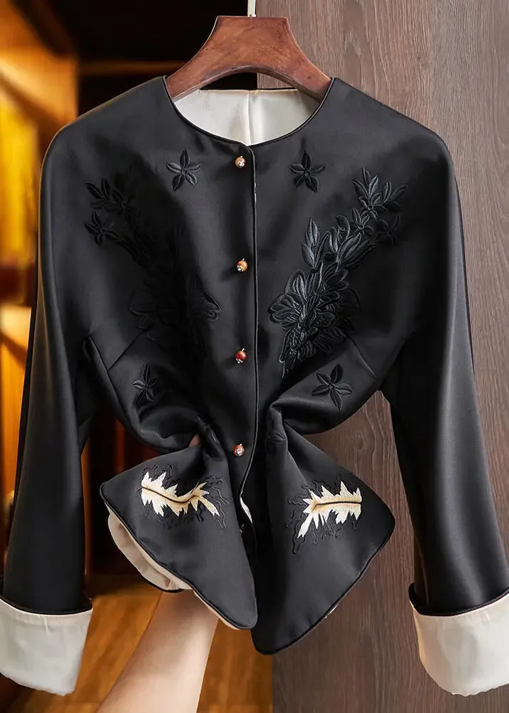 Boutique Black O-Neck Embroideried Patchwork Silk Coats Fall ML1401