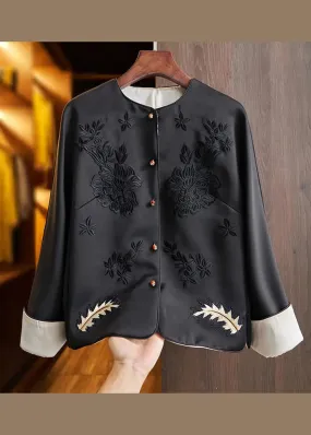 Boutique Black O-Neck Embroideried Patchwork Silk Coats Fall ML1401