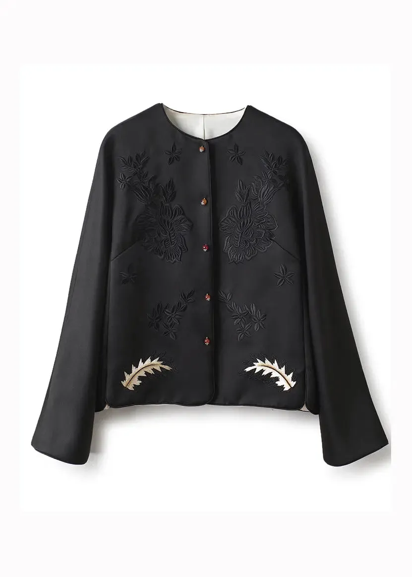 Boutique Black O-Neck Embroideried Patchwork Silk Coats Fall ML1401