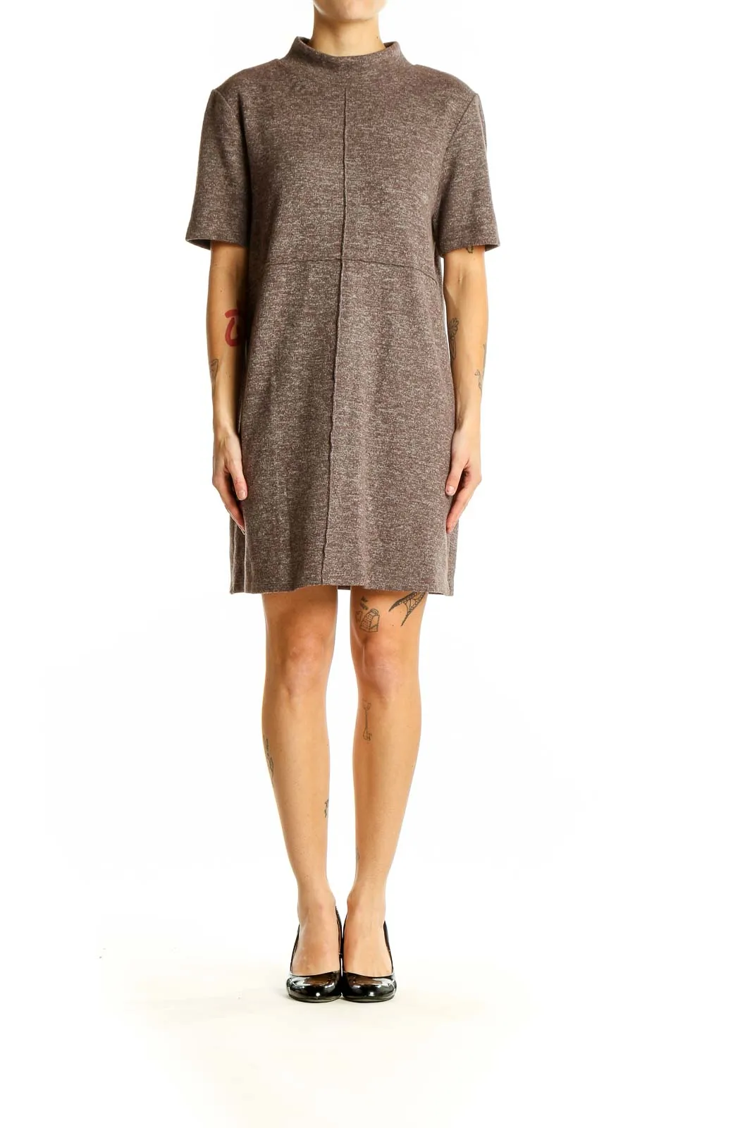 Brown Mock Neck Short Sleeve Dress