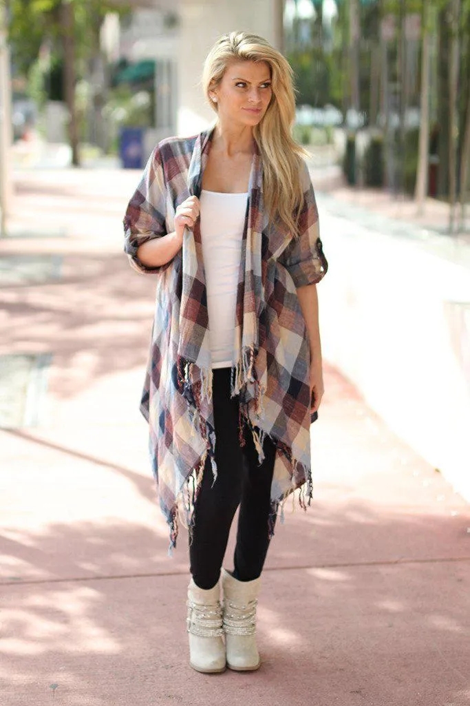 Burgundy and Navy Plaid Fringe Cardigan