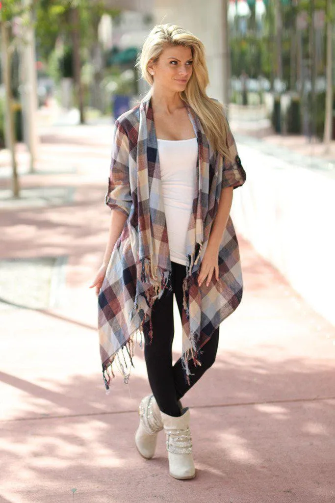 Burgundy and Navy Plaid Fringe Cardigan