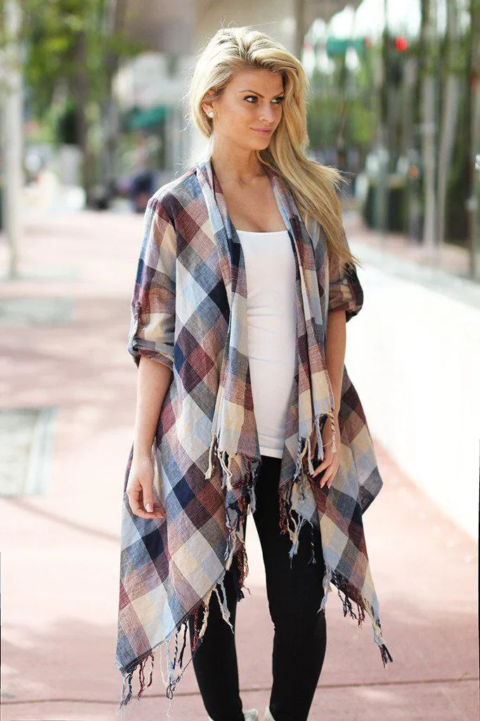 Burgundy and Navy Plaid Fringe Cardigan