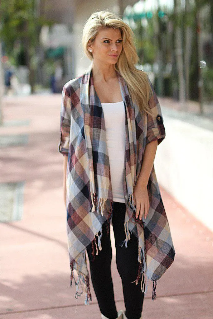 Burgundy and Navy Plaid Fringe Cardigan