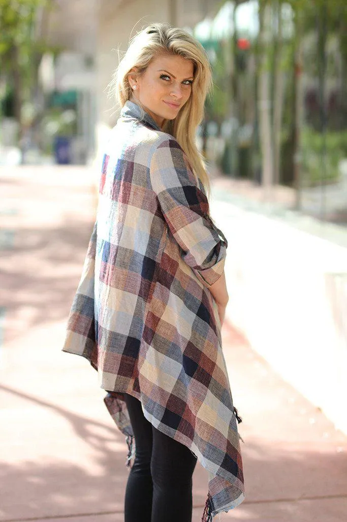 Burgundy and Navy Plaid Fringe Cardigan