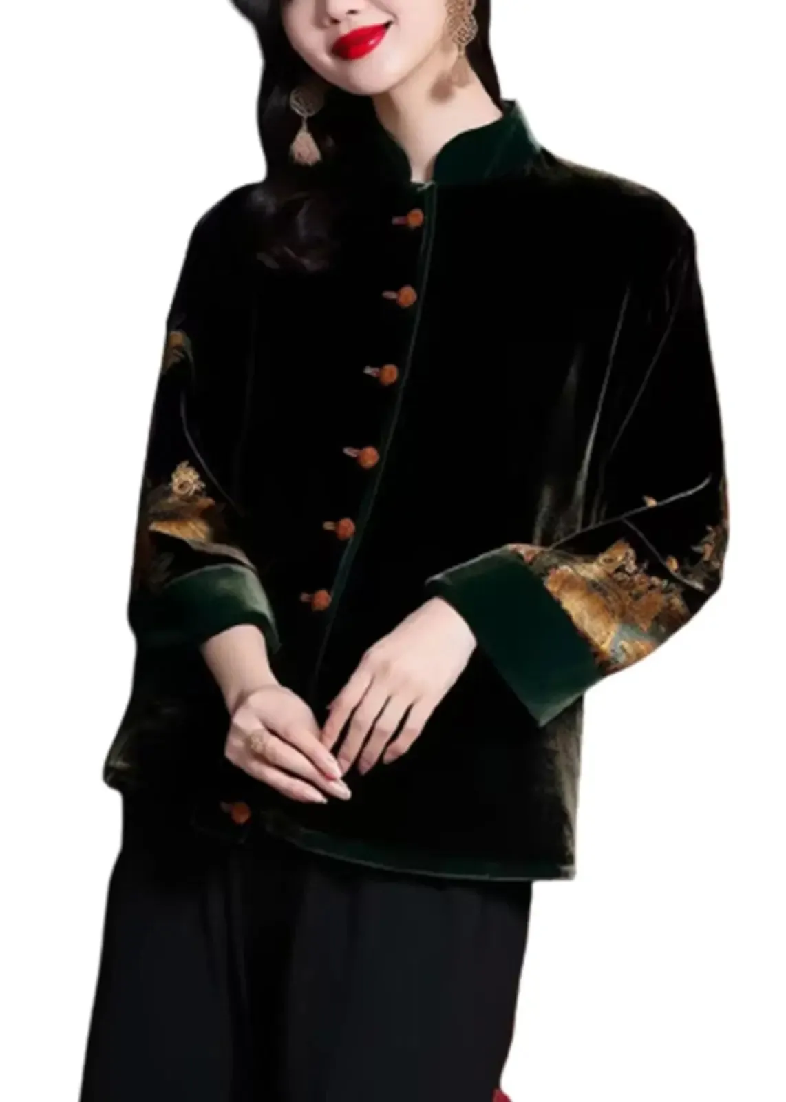 Button Patchwork Silk Velour Coats Fall