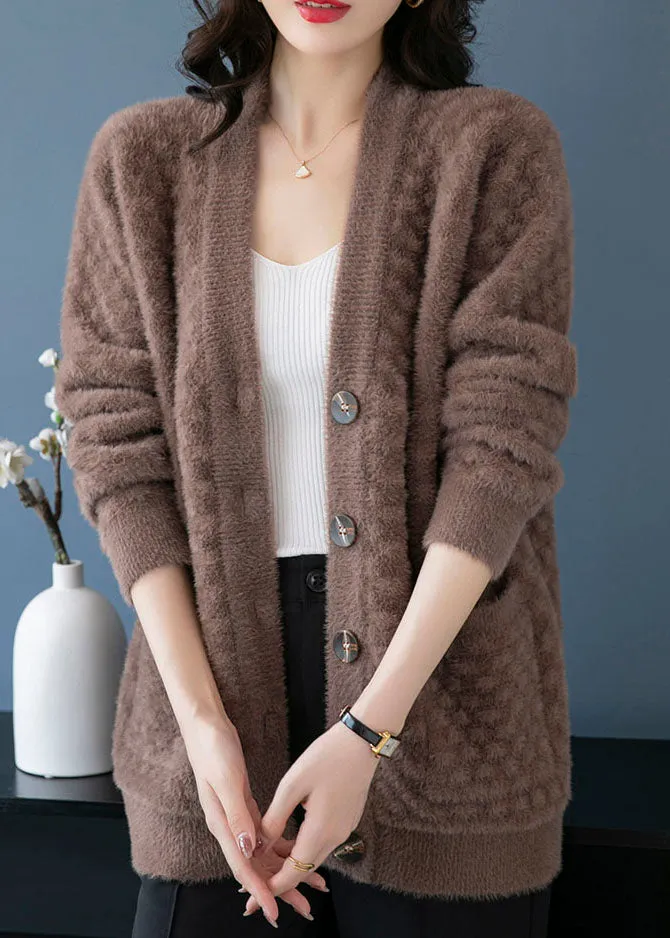 Camel Pockets Patchwork Mink Hair Knitted Coats V Neck Button Fall LY9212