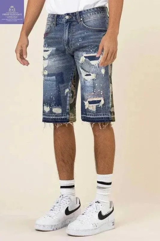 Camo Fusion Frayed Hem Denim Shorts