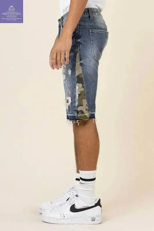 Camo Fusion Frayed Hem Denim Shorts