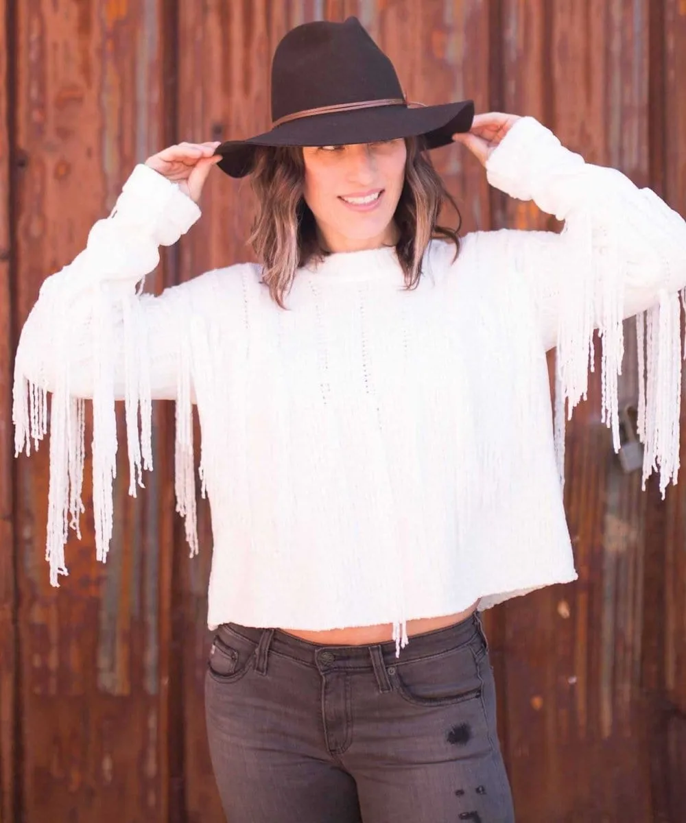 Carlton Crop Fringe Sweater, Alpine Knit