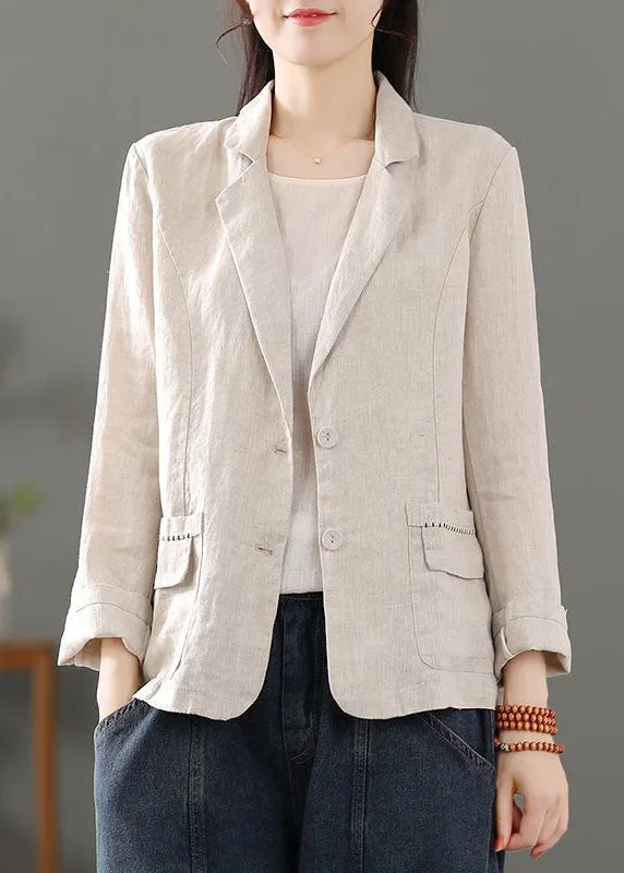 Casual Beige Pockets Patchwork Button Linen Coats Spring