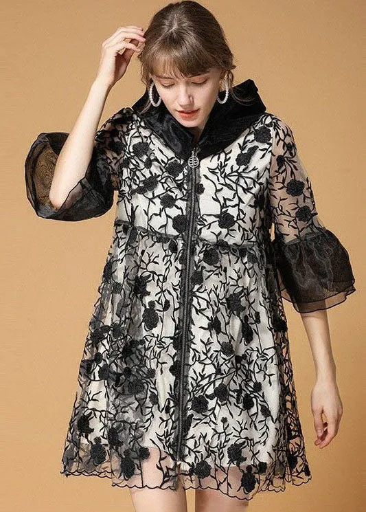 Casual Black Hooded Embroideried Patchwork Organza Coats Half Sleeve