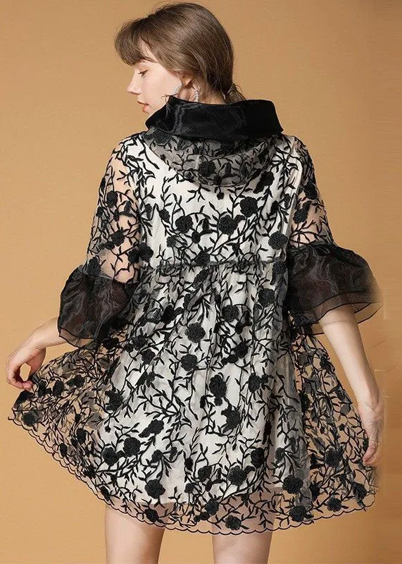 Casual Black Hooded Embroideried Patchwork Organza Coats Half Sleeve