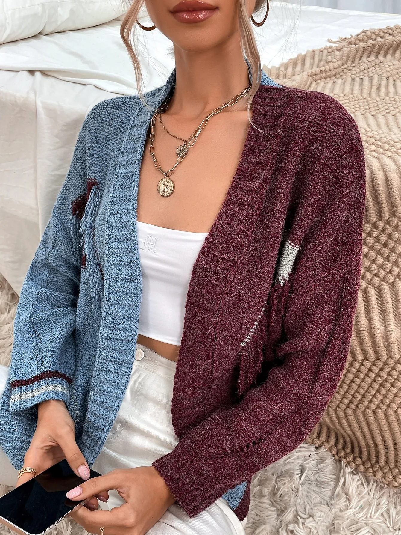 Casual Colorblock Fringe Long Sleeve Regular Women Cardigan