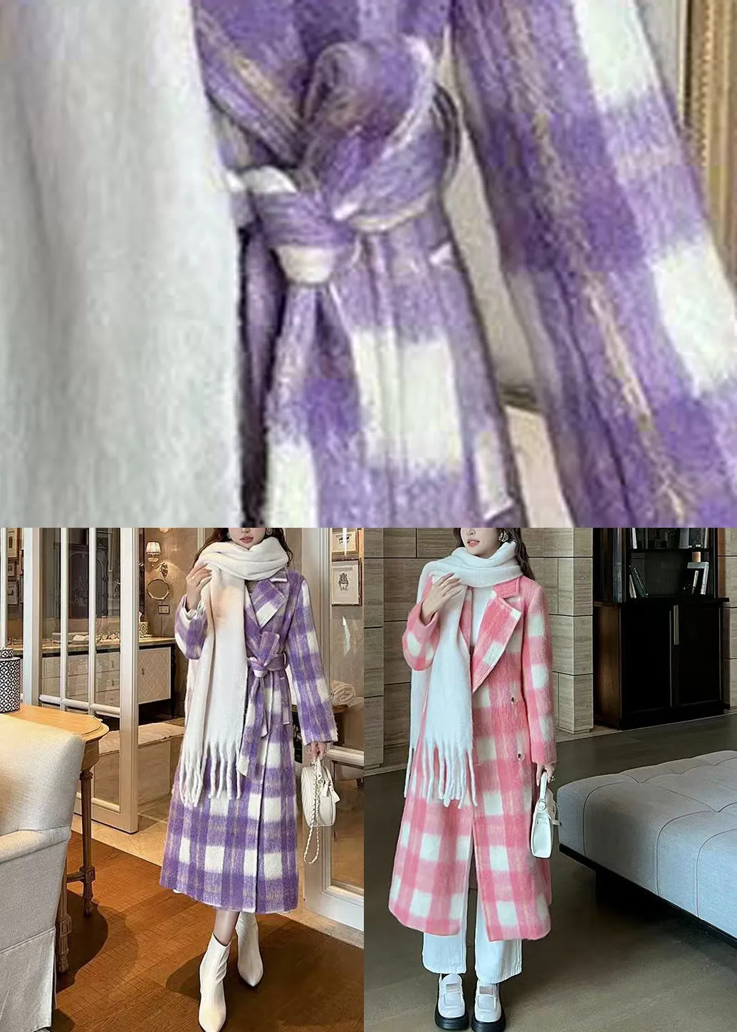 Casual Purple Pockets Plaid Patchwork Long Woolen Coats Winter RD001