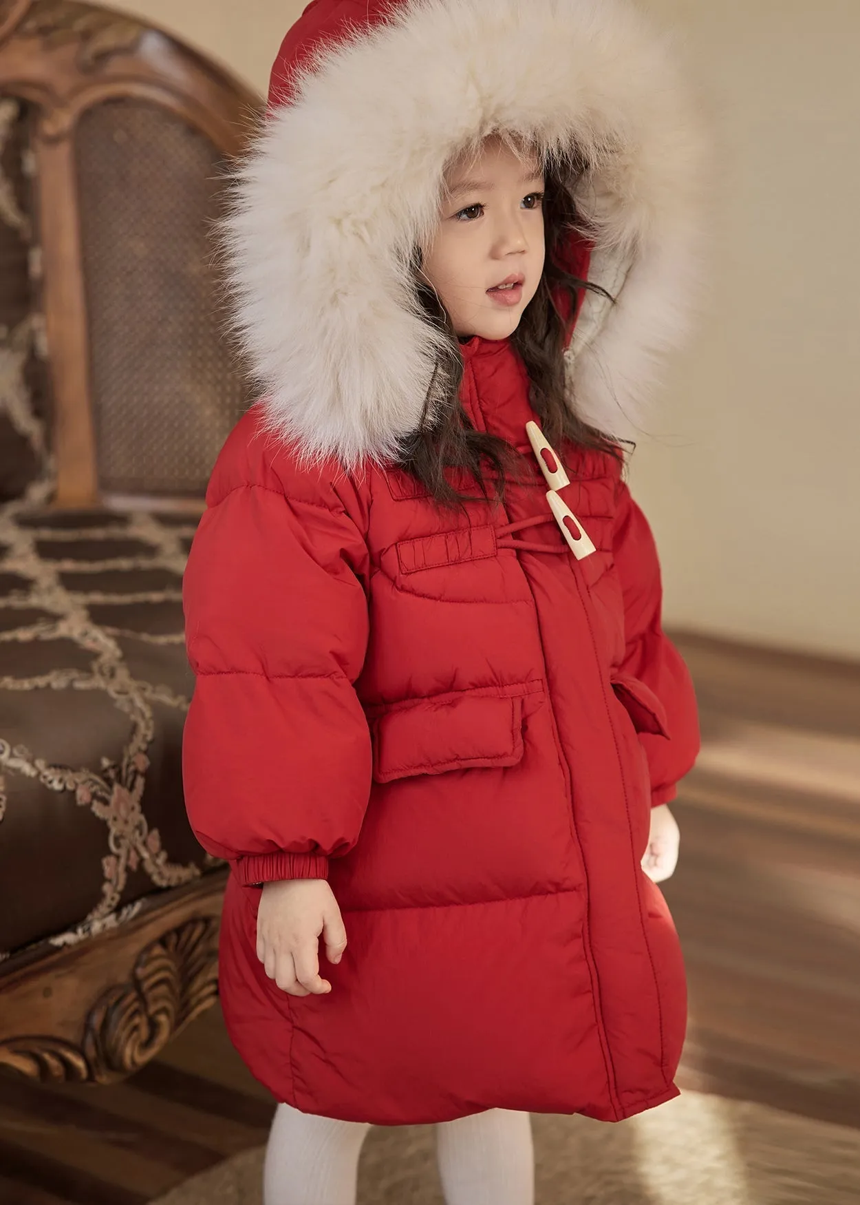 Casual Red Patchwork Pockets Fur Collar Detachable Kids Down Coats Winter WL014