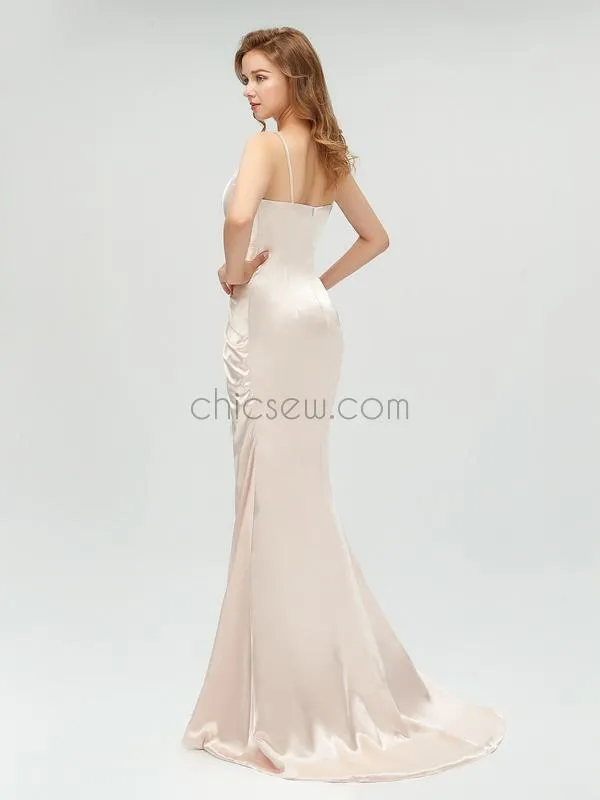 Charming Spaghetti Straps Mermaid Slit Pleated Bridesmaid Dresses, YKX014