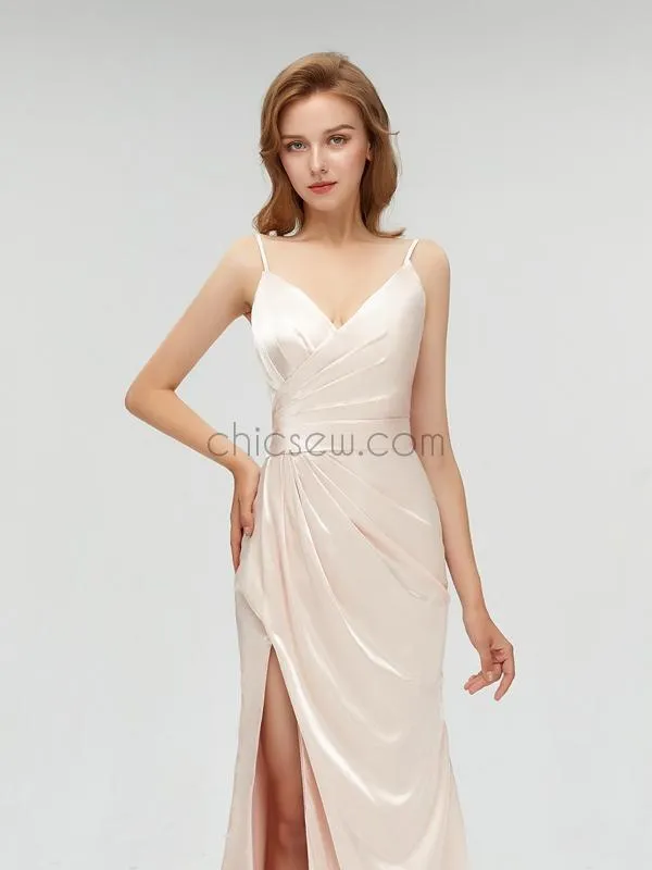 Charming Spaghetti Straps Mermaid Slit Pleated Bridesmaid Dresses, YKX014