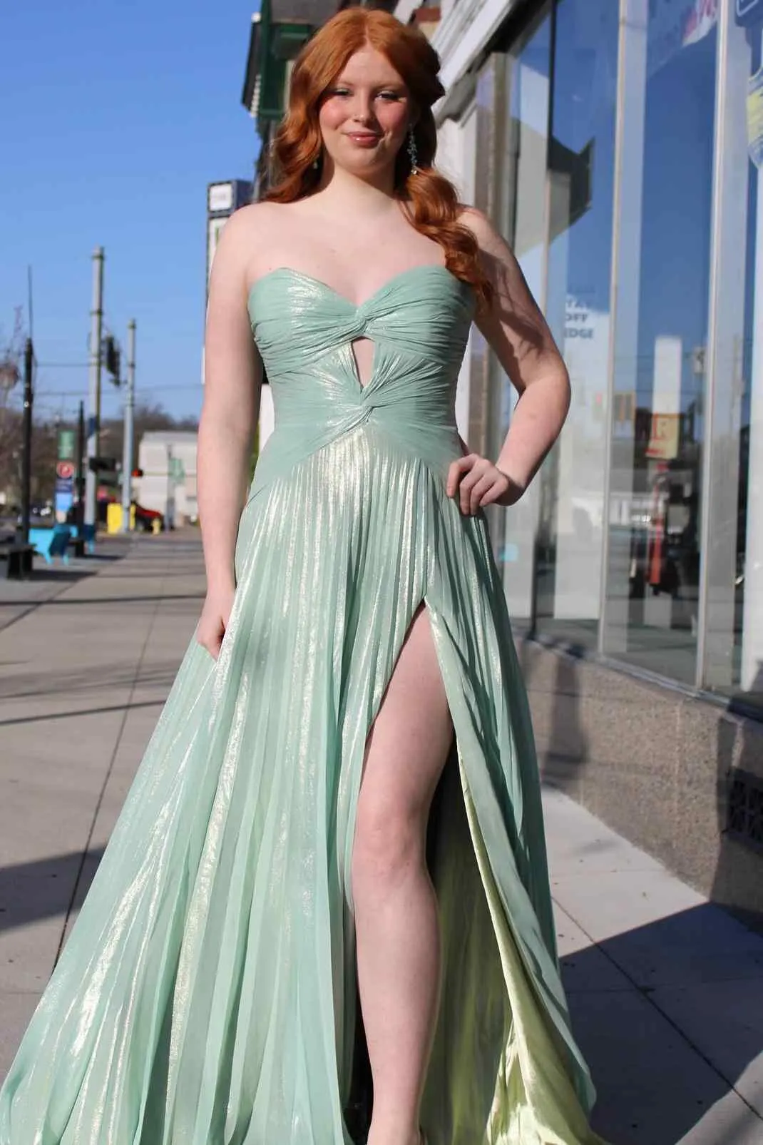 Cherish | A-Line Strapless Pleated High Slit Sleeveless Metallic Long Prom Dress