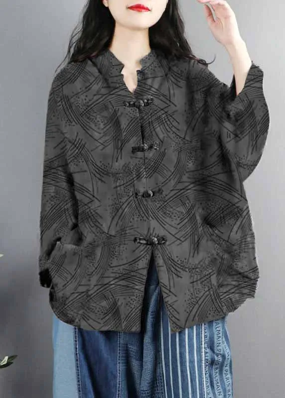 Chinese Style Red Print Pockets Button Patchwork Cotton Coats Long Sleeve