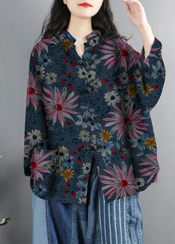 Chinese Style Red Print Pockets Button Patchwork Cotton Coats Long Sleeve