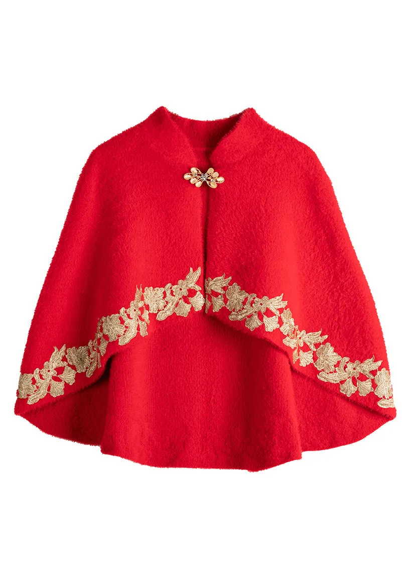 Classy Red Stand Collar Embroideried Patchwork Mink Velvet Coats Fall