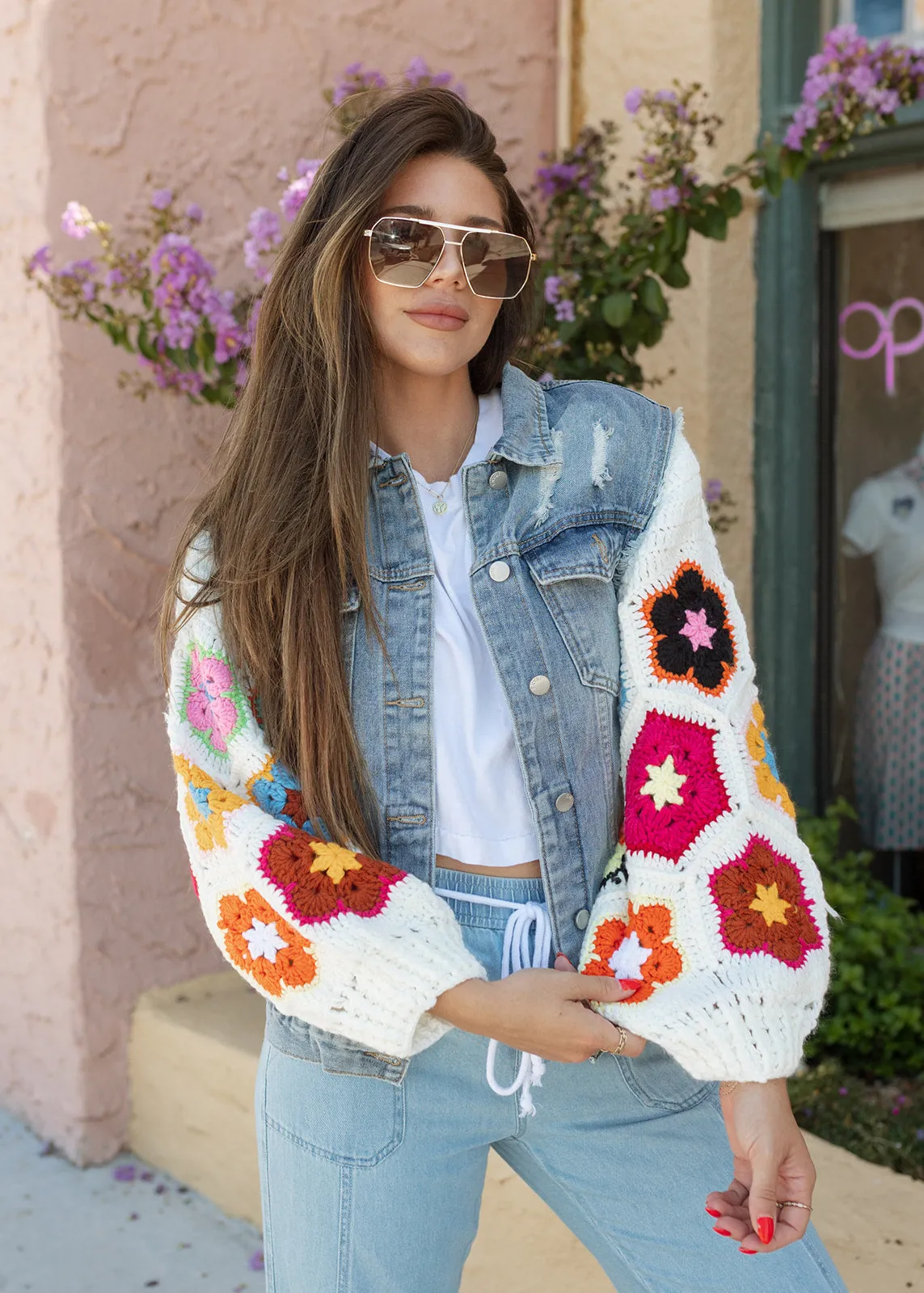 Colorful Flower Crochet & Denim Jacket