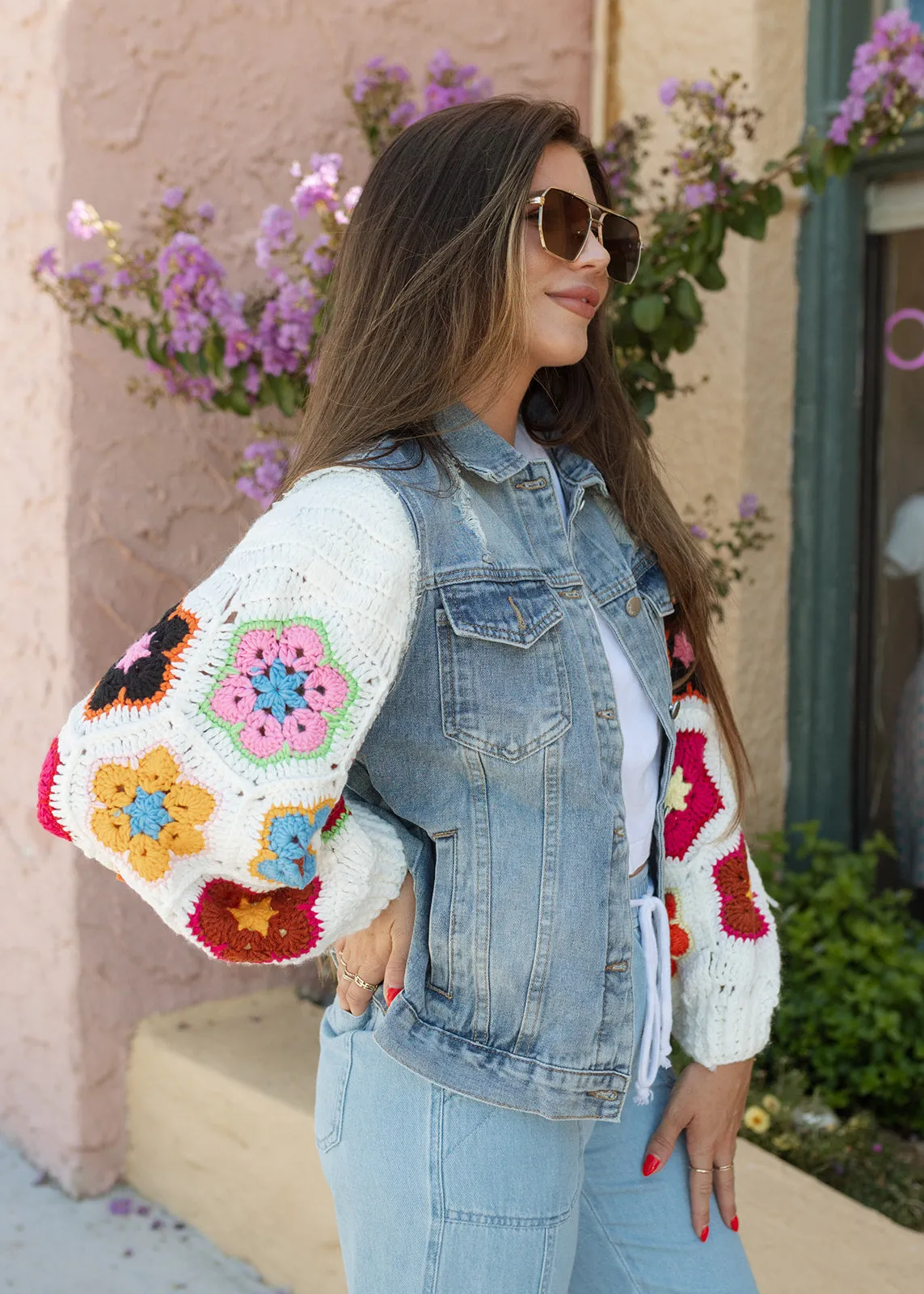 Colorful Flower Crochet & Denim Jacket